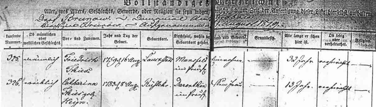 Entries from 1819 Mecklenburg Census